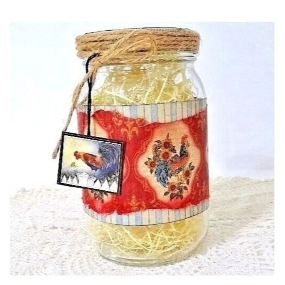 Country Rooster Glass Storage Jar Kitchen Bath Jute Rope Lid Farmhouse Gift NEW